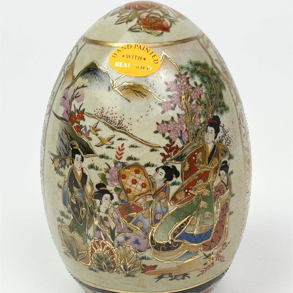 Vtg Royal Satsuma Egg Hand Painted Geisha Porcelain Gilded Hand Painted 6